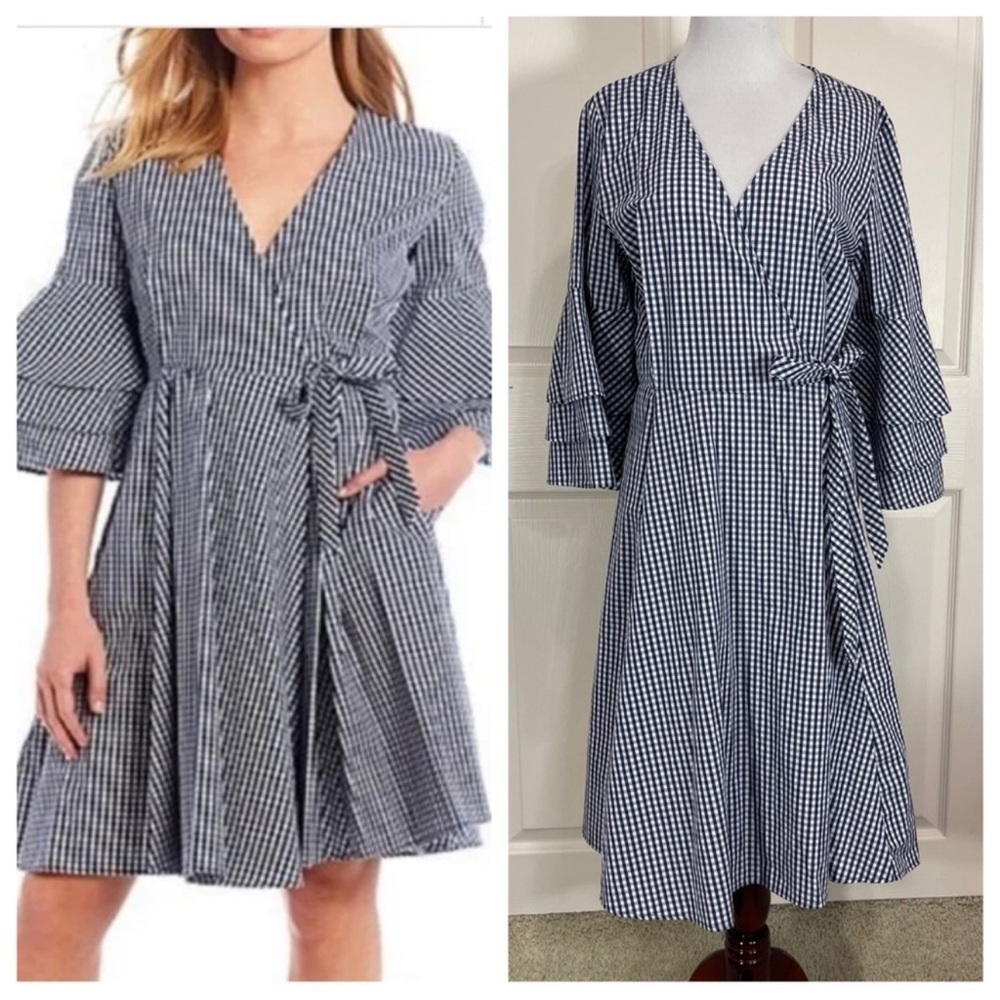 Calvin Klein Navy and White Gingham Checkered Size 4 Wrap Dress